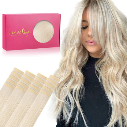 Picture of WENNALIFE Tape in Hair Extensions Human Hair, 20pcs 50g 22 inch Platinum Blonde Remy Hair Extensions Straight Human Hair Tape in Extensions Skin Weft Tape Extensions Human Hair