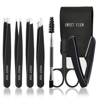 Picture of SWEET VIEW 7pcs Eyebrow Tweezers Set, Stainless Steel Tweezers for Women and Man, Precision Plucker Tweezers for Facial Hair, Chin, Eyebrow, Splinter and Ingrown Hair