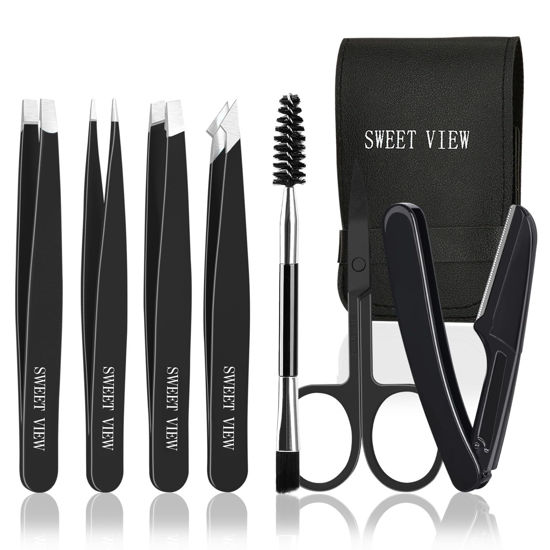 Picture of SWEET VIEW 7pcs Eyebrow Tweezers Set, Stainless Steel Tweezers for Women and Man, Precision Plucker Tweezers for Facial Hair, Chin, Eyebrow, Splinter and Ingrown Hair
