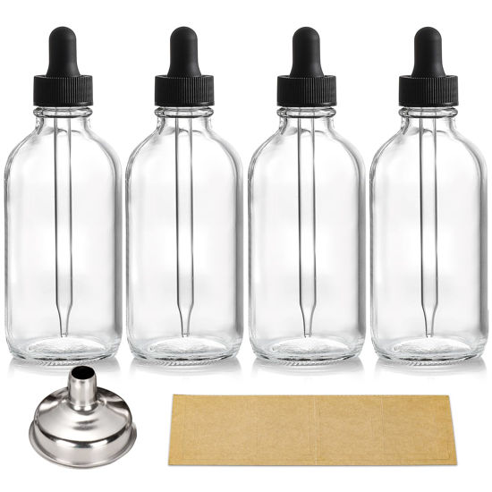 Picture of AOZITA 4 Pack, 4oz Clear Glass Dropper Bottles with 1 Funnel & 4 Lables - 120ml Tincture Bottles with Eye Droppers - Leakproof Travel Bottles For Essential Oils, Liquids