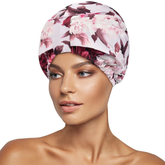 Picture of INNELO Luxury Shower Cap for Women Reusable Waterproof, Double Layered Shower Hair Cap with Adjustable Elastic Strap, Large Satin Lined Shower Bath Cap for Long Curly Straight Hair, Pink-Flower