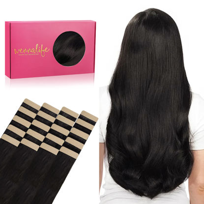 Picture of WENNALIFE Tape in Hair Extensions Human Hair, 20pcs 50g 22 inch Natural Black Remy Hair Extensions Straight Human Hair Tape in Extensions Skin Weft Tape Extensions Human Hair