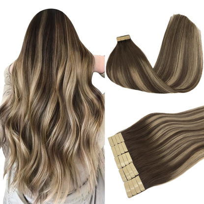 Picture of DOORES Human Hair Extensions Tape in Balayage Chocolate Brown to Honey Blonde 14 Inch 20pcs 50g Remy Tape in Hair Extensions Straight Seamless Skin Weft Tape Hair Extensions