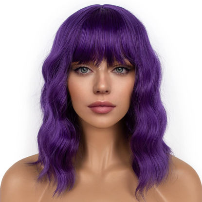 Picture of LANCAINI Dark Purple Short Bob Wigs with Bangs for Women Loose Wavy Wig Curly Wavy Shoulder Length Bob Synthetic Cosplay Wig for Girl Colorful Costume Wigs