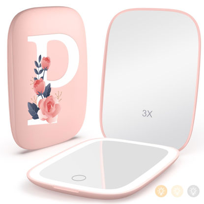 Picture of Personalized Gifts for Women Girls, Rechargeable Travel Mirror with 3 Color Lights and Auto-Off Feature, 1X/3X Mini Led Compact Makeup Mirror for Purse, Stocking Stuffers for Girls Women-Letter P