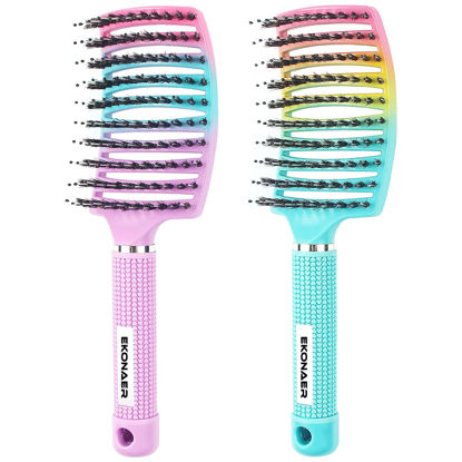 Picture of 2 Pack Detangling Brush Getting Knots Out without Pain Adds Shine and Makes Hair Smooth,Detangler Boar Bristle Hair Brush for Adult & Kids Wet or Dry Hair(Green&Pink)