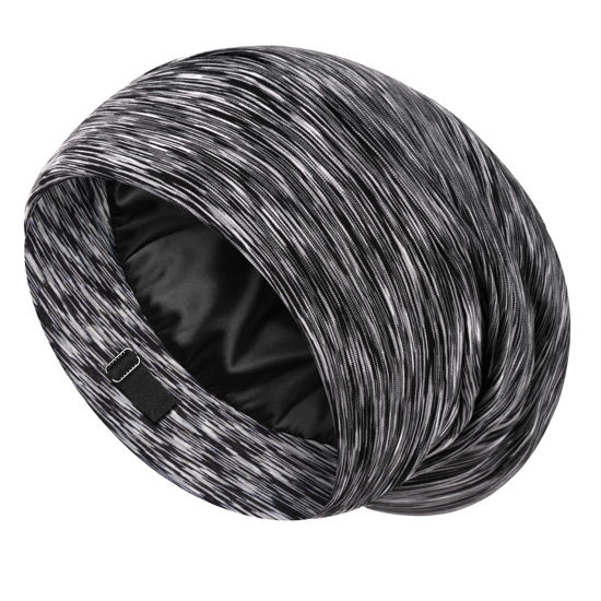 Picture of LULUSILK Mulberry Silk Lined Sleep Cap, No More Frizzy Tangled Hair, Stay On Silk Hair Wrap for Sleeping with Adjustable Strap, Silk Bonnet for Women and Men, Assorted Color Dark Grey, Pack of 1