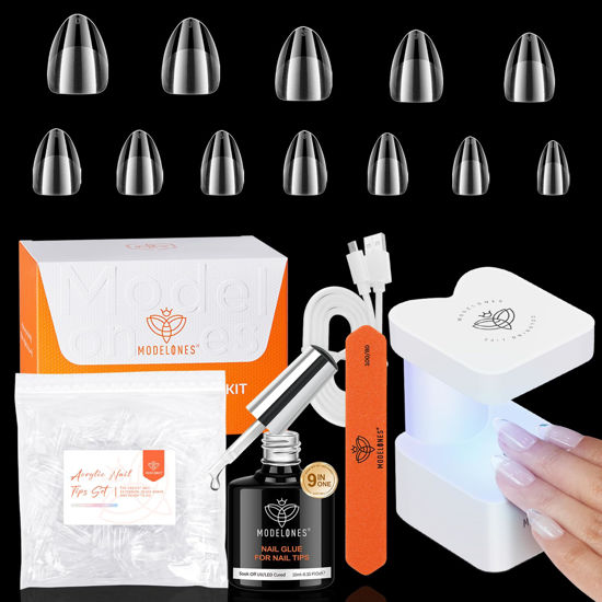 Picture of modelones Gel X Nail Kit, Extra Short Almond Gel x Nail Tips, 9-in-One Nail Glue & Portable U V Nail Lamp, 216Pcs 12Sizes Acrylic False Nails Tip Press On Nail Extension DIY Nails Art Gift for Women