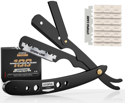 Picture of Utopia Care Professional Barber Straight Edge Razor Safety with 100-Pack Blades - 100 Percent Stainless Steel (Black)