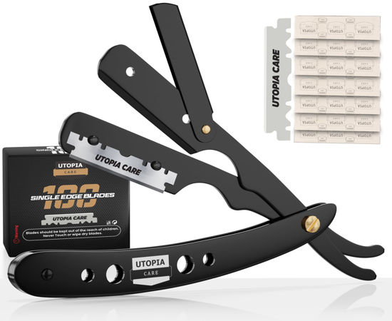 Picture of Utopia Care Professional Barber Straight Edge Razor Safety with 100-Pack Blades - 100 Percent Stainless Steel (Black)