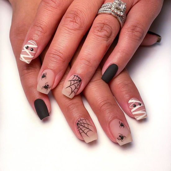 Picture of Halloween Press On Nails Short Square Fake Nails Matte Halloween Nails Press Ons With Mummy Spider Web Designs Full Cover False Nails Acrylic Glue On Nails Short Stick On Nails For Women