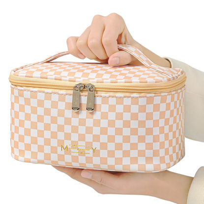 Picture of Meiyuuo Travel Makeup Bag Checkered Multi Color Portable Small Cosmetic Bags for Women Zipper Pouch Toiletry Bag Make up Organizer Waterproof Cute (Chess Plaid Khaki Beige)