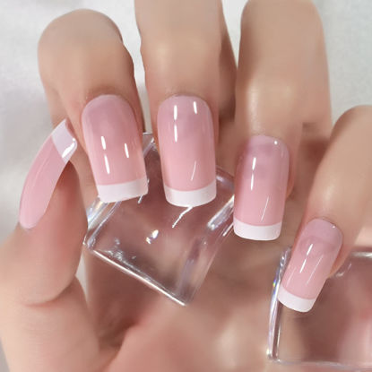 Picture of Coolnail Shiny Light Pink White French Press on False Nails Glossy Medium Salon Manicure Reusable UV Gel DIY Nail Art Tips for Women Girls