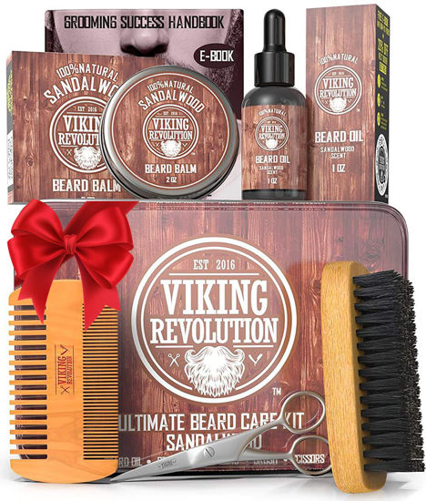 Picture of Viking Revolution Ultimate Grooming Kit for Men - Boar Brush, Wood Comb, Sandalwood Balm & Oil, Scissors for Beard & Mustache