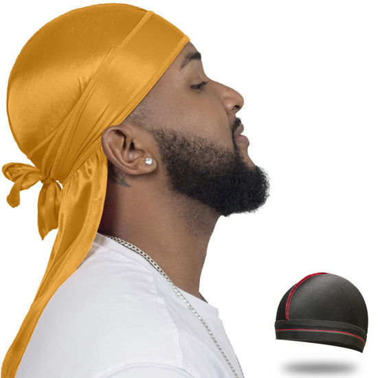 Picture of ForceWave Silky Durag for Men Wave Cap Satin Dorag for Men Women 360 Wave (Gold)