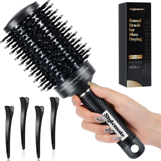 Picture of STYLEMATE Round Brush, Nano Thermal Ceramic & Ionic Tech Round Barrel Hair Brush with Boar Bristles, Roller Brush for Blow Drying, 4 Free Clips (Black, 2.9 Inch, Barrel 1.7 Inch, 45mm)