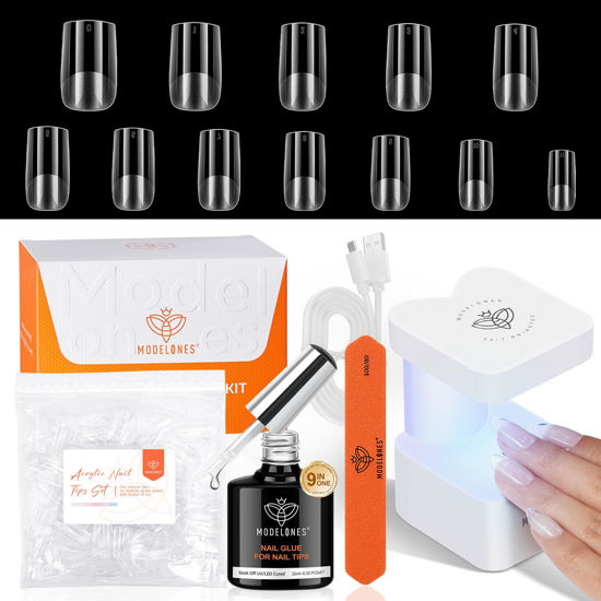 Picture of modelones Gel X Nail Kit, Short Square Gel x Nail Tips 9-in-One Nail Glue & Portable U V Nail Lamp, 216Pcs 12Sizes Press On Acrylic False Nails Tip DIY Nails Art Nail Extension Gift for Women