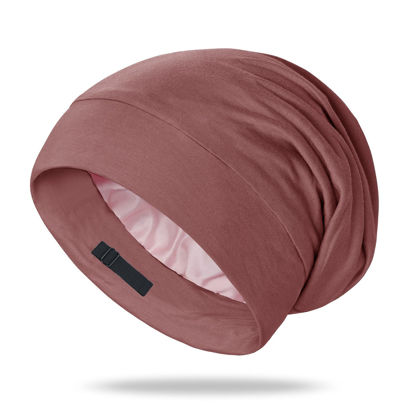 Picture of OLESILK 100% Mulberry Silk Bonnet for Sleeping Women, Silk Hair Wrap for Sleeping, Silk Sleep Bonnet for Women&Men, Real Silk, Not Satin, Reddish Brown