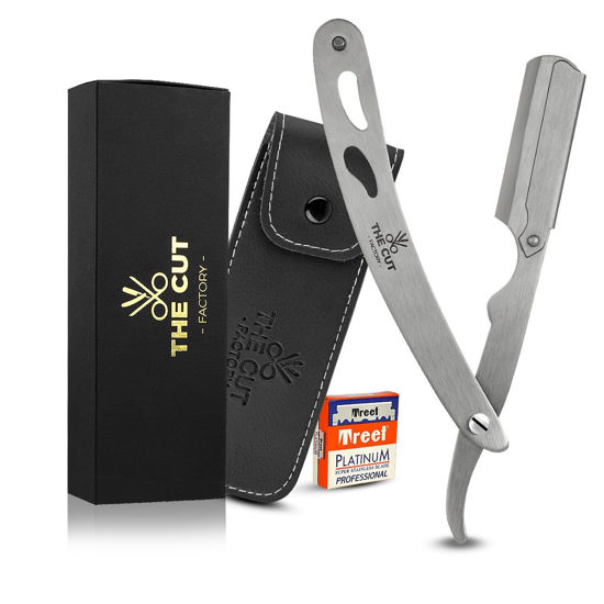 Picture of The Cut- Factory- Straight Razor with 100 Pack Platinum Treat Single Blade Razors for Men- Professional Barber Straight Edge Razor for Close Shaving 100 Percent Stainless Steel-Silver