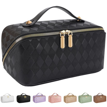Picture of ALEXTINA Travel Makeup Bag,Large Capacity Vegan Leather Cosmetic Bags for Women,Waterproof Portable Pouch Open Flat Toiletry Bag Make up Organizer with Fixed Divider