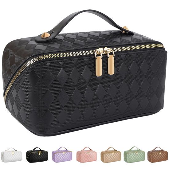 Picture of ALEXTINA Travel Makeup Bag,Large Capacity Vegan Leather Cosmetic Bags for Women,Waterproof Portable Pouch Open Flat Toiletry Bag Make up Organizer with Fixed Divider