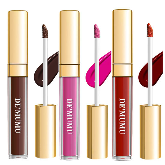 Picture of DE'MUMU 3Pc Matte Liquid Lipsticks for Women, Dark Brown Lipstick Pink Lipstick Dark Red Lipstick, Cruelty Free Long Lasting Lip Makeup (DM15+DM06+DM18)