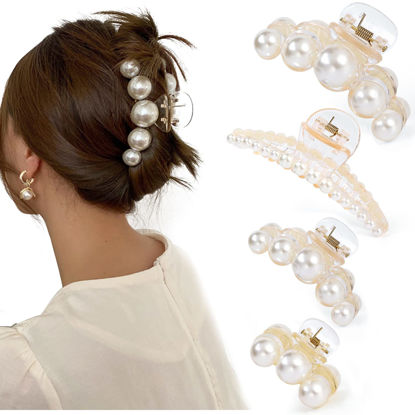 Picture of Mehayi 4 PCS Large Pearl Hair Claw Clips for Women Girls, Hair Barrette Clamps for Thick Thin Hair, Fashion Hair Accessories Headwear Styling Tools for Party Wedding