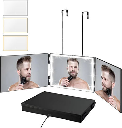 Picture of Vanexiss Rechargeable 3 Way Mirror for Hair Cutting, Real Glass Adjustable Trifold Mirror with 3 Color Temps LED Light & Telescoping Hooks for Makeup, Shaving & Styling