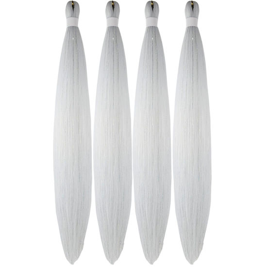 Picture of White Braiding Hair Pre stretched Glitter Tinsel Hair Kanekalon Prestretched Braiding Hair with Sparkle Tinsel Ez Braid Braiding Hair