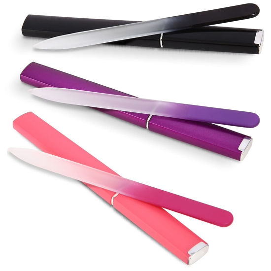 Picture of 3 Pack Crystal Glass Fingernail File with Case for Natural Nail Professional Czech Glass File Double-Sided Etched Gentle Nail Care Stocking Stuffers for Women or Adults, Unique Gifts