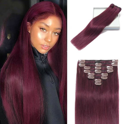 Picture of LORIEN Clip in Hair Extensions Real Human Hair, 22 Inch 110g, 99J Burgundy, Clip in 100% Brazilian Remy Human Hair Extensions 8pcs Per Set with 18 Clips Double Weft