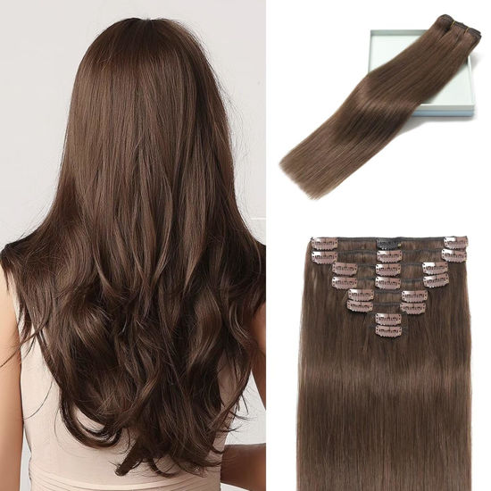 Picture of LORIEN Clip in Hair Extensions Real Human Hair, 24 Inch 120g, 4 Dark Brown, Clip in 100% Brazilian Remy Human Hair Extensions 8pcs Per Set with 18 Clips Double Weft