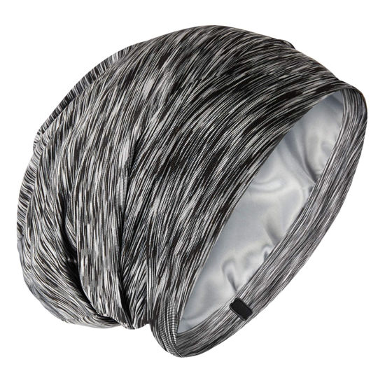 Picture of Silky Satin Lined Bonnet Sleep Cap - Adjustable Stay on All Night Hair Wrap Cover Slouchy Beanie for Curly Hair Protection for Women and Men - Heather Black