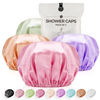 Picture of Shower Cap for Women Reusable Extra Large Shower Caps for Men Satin Double Layer EVA Waterproof Long Hair Caps(Light Purple, Brown, Pink, Green 4 Pack)