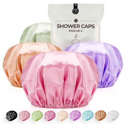 Picture of Shower Cap for Women Reusable Extra Large Shower Caps for Men Satin Double Layer EVA Waterproof Long Hair Caps(Light Purple, Brown, Pink, Green 4 Pack)