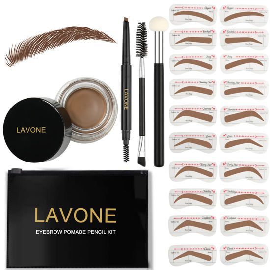 Picture of LAVONE Eyebrow Stamp Stencil Kit, Brow Stamp Trio Kit with Waterproof Eyebrow Pencil, Pomade, 20 Eyebrow Stencils, Dual-ended Eyebrow Brush and Sponge Applicator - Soft Brown
