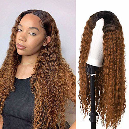 Picture of GIANNAY Brown Curly Wigs for Black Women Ombre Brown Synthetic Wigs Long Loose Curly Auburn Wigs #30 Color 26 Inch