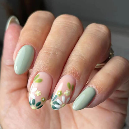Picture of RikView Almond Press on Nails Medium Fake Nails with Flowers Design Green Nails for Women 24 PCs/Set