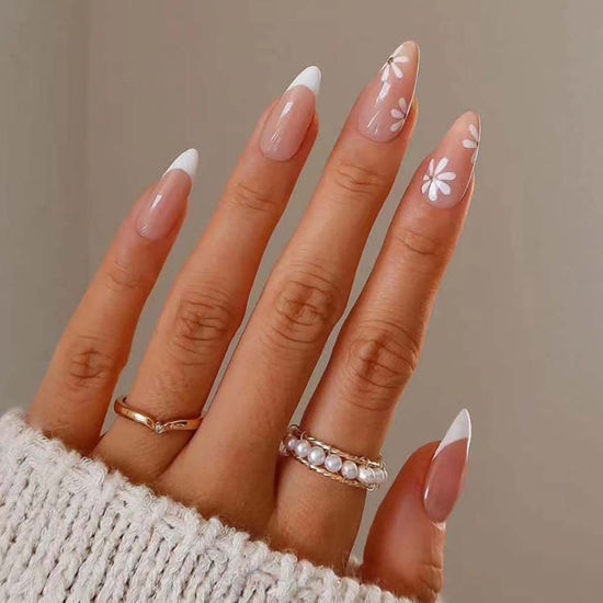 Picture of RikView French Tip Press on Nails Medium Fake Nails White Press on Nails with Flowers Design Almond Acrylic Nails