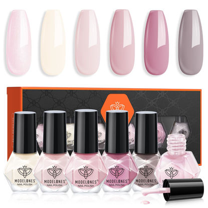 Picture of modelones Nail Polish Set 6 Colors, Milky White Glazed Pearl Pink Iridescent Mini Quick Dry Nail Lacquer Kit, Bubble Bath Shimmer Pearlescent Grey DIY Home Salon Nail Art Manicure Gift for Women Girls