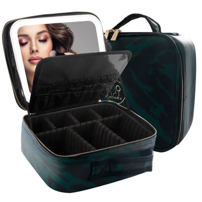 Picture of MOMIRA Travel Makeup Bag With LED Mirror,Train Case with Light up Mirror, Portable Makeup Artist Organizer Bag with Adjustable Dividers, Makeup Brush Holder Storage（Zebra Green）