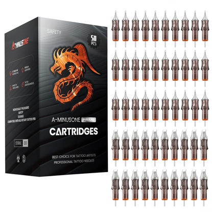 Picture of 50 Assorted Tattoo Cartridge Needles Mixed Size #10 Bugpin Round Liner Shader Magnum - 5 Pcs each of 5RL, 7RL, 9RL, 11RL, 5RS, 9RS, 15M1, 21M1, 15RM, 21RM Pro Disposable Membrane Tattoo Needles