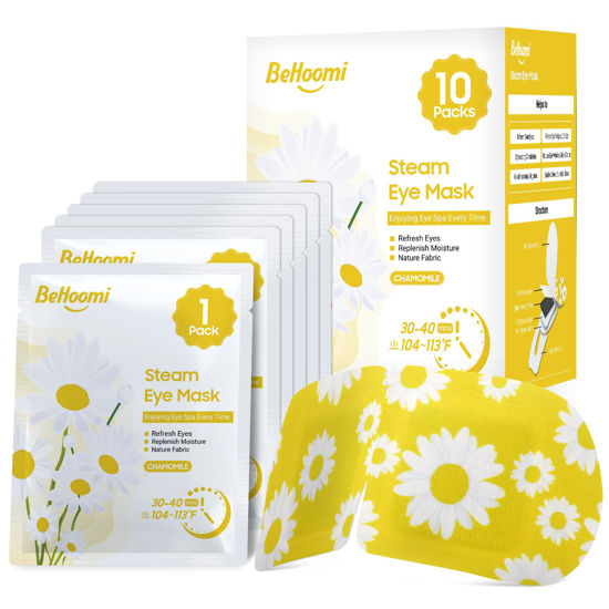 Picture of BeHoomi Steam Eye Mask, 10 Packs Heated Eye Mask, Self Heating Disposable SPA Warm Compress for Eyes Sleep Mask, Soothing Moist Heat Eye Masks, Travel Essentials & Relaxation Gifts (Chamomile Scent)