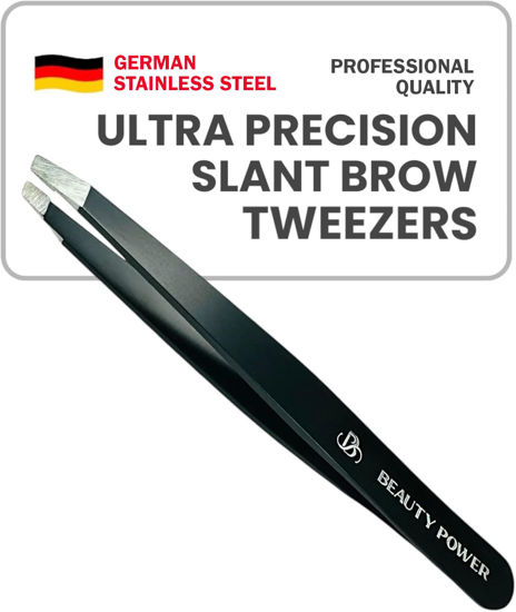 Picture of Beauty Power Professional Tweezers - Slant, Durable Lightweight German Stainless Steel, Ultra Precision Tweezers for Eyebrows, Facial Hair, Chin, and Ingrown Hair Removal - Gift (Matte Black)