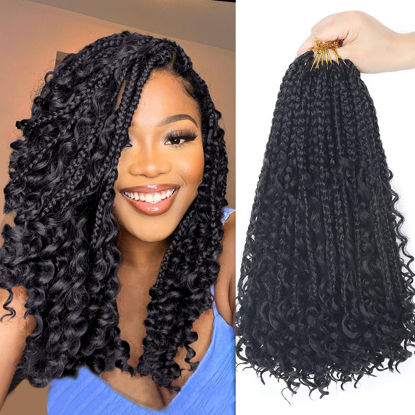 Picture of Goddess Bohemian Box Braids Crochet Hair - 14 Inch Curly Ends, 8 Packs Synthetic Braiding Hair Extensions for Black Women (14 Inch, 1B)