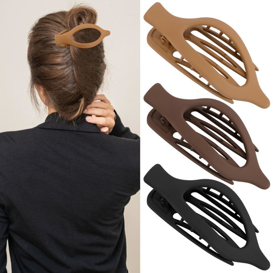 Picture of ATODEN Flat Hair Clips for Women Lay Flat Hair Claw Clips for Thin Thick Hair 3Pcs French Concord Hair Clips Large Hair Clips Matte Neutral Jaw Clips Hair Clamps Hair Accessories Brown Black