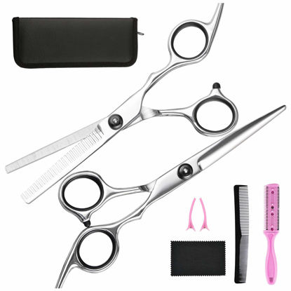 Picture of Hair Cutting Scissors Thinning Shears- Fcysy Professional Barber Sharp Hair Scissors Hairdressing Shears Kit with Haircut Accessories in Leather Case for Cutting Styling Hair for Women Men Pet- 7 Pcs