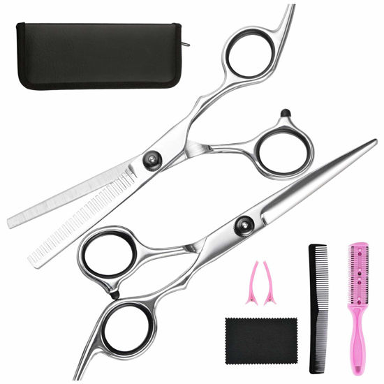 Picture of Hair Cutting Scissors Thinning Shears- Fcysy Professional Barber Sharp Hair Scissors Hairdressing Shears Kit with Haircut Accessories in Leather Case for Cutting Styling Hair for Women Men Pet- 7 Pcs