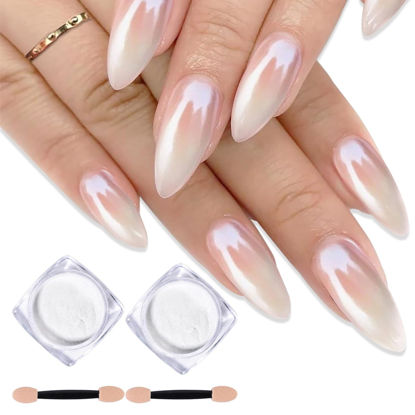 Picture of 2 Pcs White Pearl Chrome Nail Powder,Mirror Effect Aurora Magic Pearlescent Nail Jewelry Glitter Holographic Pigment Symphony Mermaid Pearl Neon Ice Aurora Dust Nail Powder,DIY Nail Art Decorations