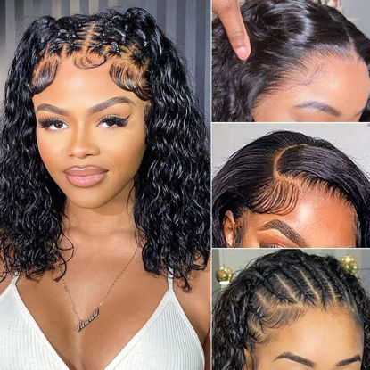 Picture of 13x4 Lace Front Wigs Human Hair Pre Plucked 180% Density Brazilian Wet and Wavy Human Hair Wigs for Black Women Glueless Curly Lace Frontal Wigs Human Hair Natural Color (12 Inch)